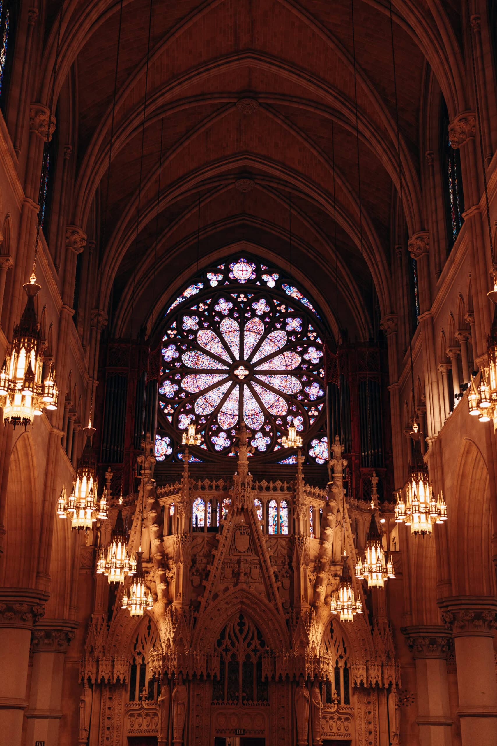 Interior of The Cathedral Basilica of the Sacred Heart featuring Gothic vaulted ceilings, a large stained glass rose window, and ornate chandeliers illuminating the stone altar.