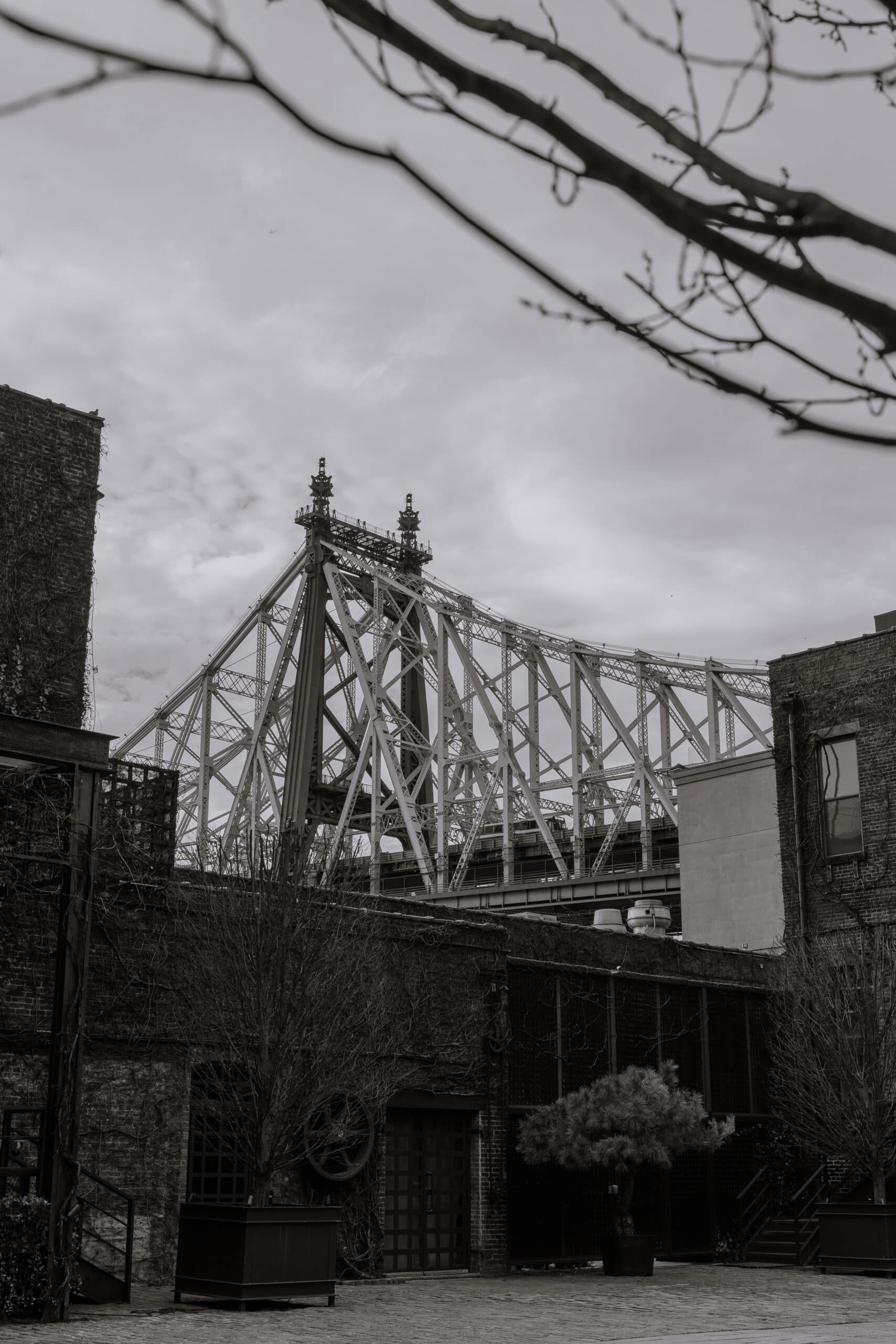 Courtyard at The Foundry in New York with brick buildings, leafless trees, and the Queensboro Bridge rising behind under an overcast sky.