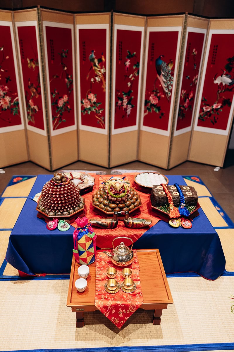 Traditional Korean wedding ceremonial table with brass tea set, colorful silk pouches, assorted sweets, and decorative folding screen in background at The Stone House, Warren, NJ.
